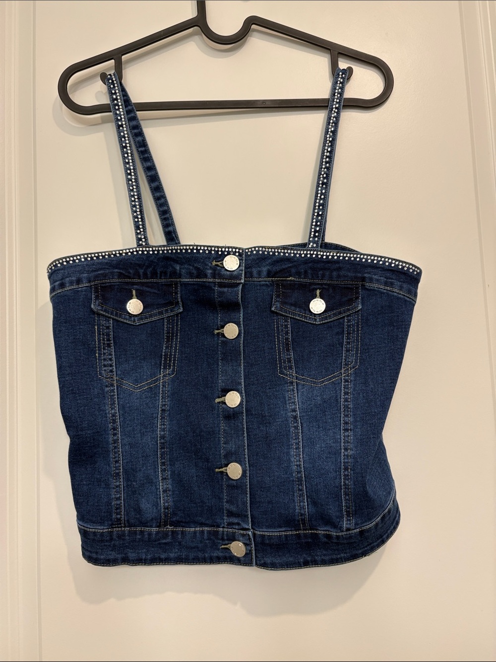 bebe Medium Dark Blue Denim Stud-Trim Button-Front Cotton and Polyester vest